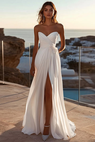 A Line lvory Strapless Pleated Wedding Dress With Slit